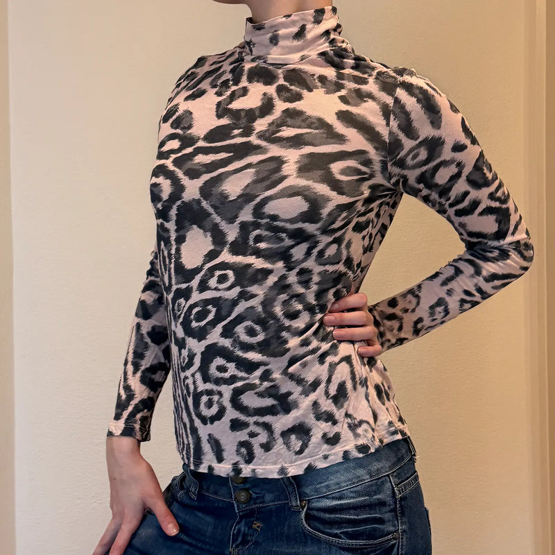 Leopard Print Mesh Turtleneck Long Sleeve Top – Sheer Stretch Y2K Clubwear (M)