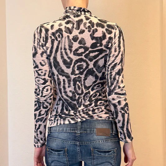 Leopard Print Mesh Turtleneck Long Sleeve Top – Sheer Stretch Y2K Clubwear (M)