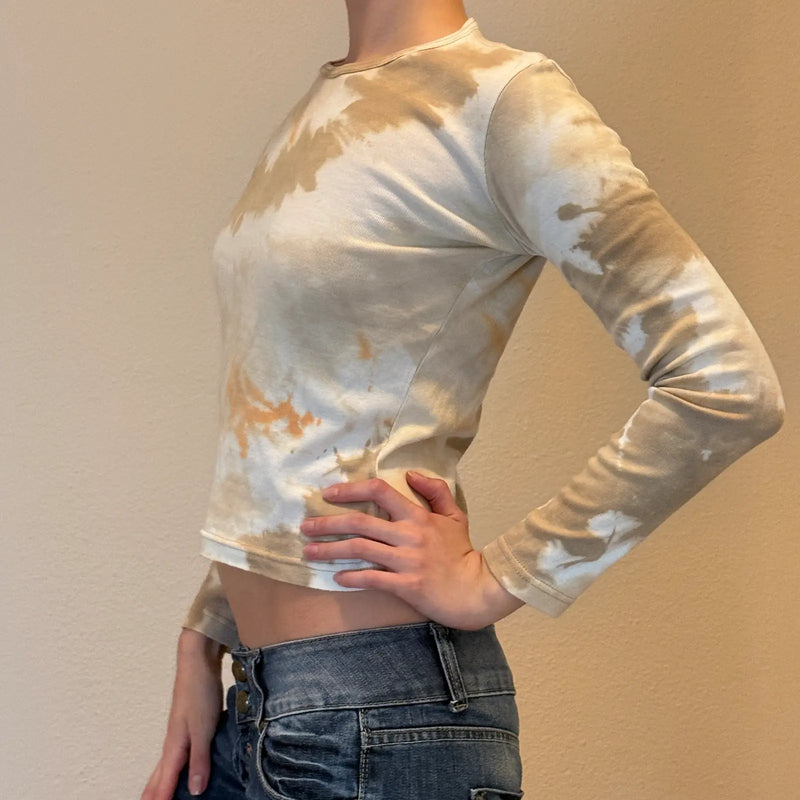 Vintage Y2K Tie-Dye Long Sleeve Crop Top – Beige & Orange (S)