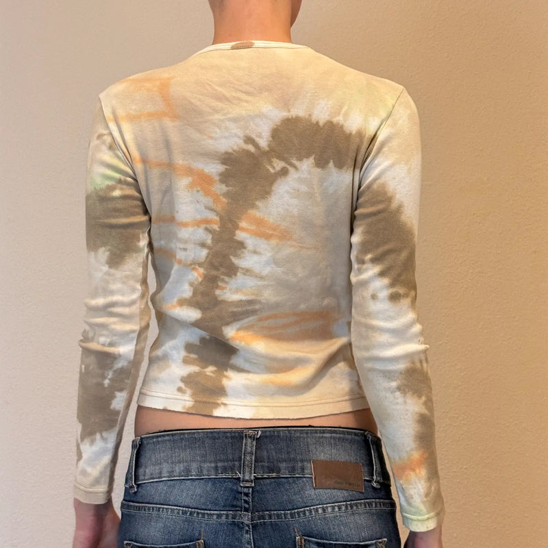 Vintage Y2K Tie-Dye Long Sleeve Crop Top – Beige & Orange (S)