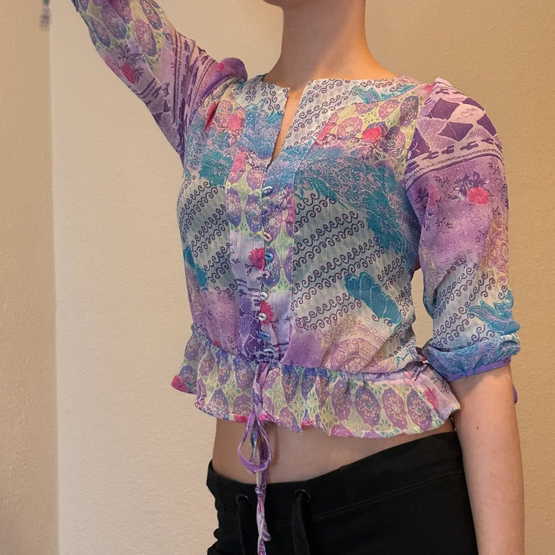 2000s Y2K Sheer Boho Mesh Blouse – Fairycore Festival Top (S)