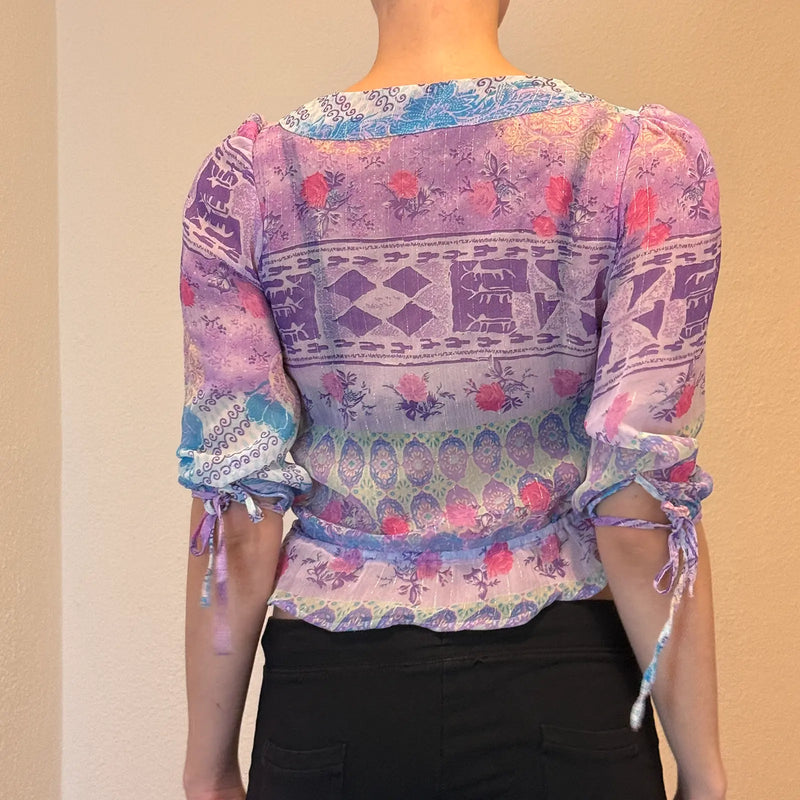 2000s Y2K Sheer Boho Mesh Blouse – Fairycore Festival Top (S)