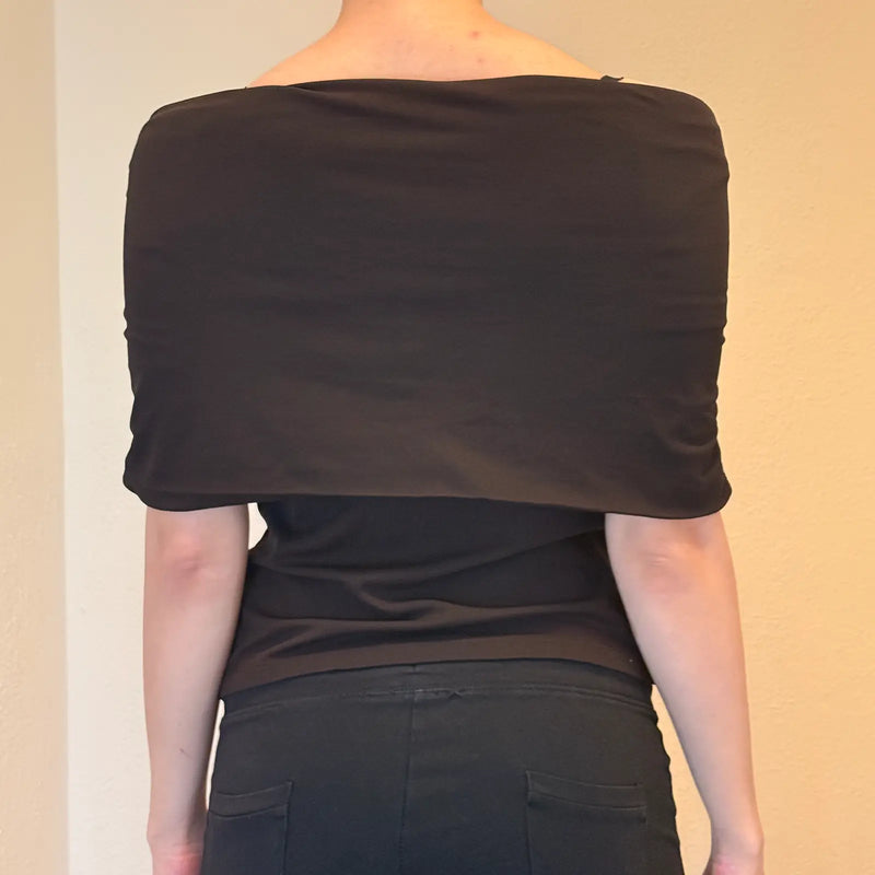 Retro Off-Shoulder Black Top – Minimalist Evening Blouse (S)