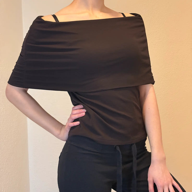 Retro Off-Shoulder Black Top – Minimalist Evening Blouse (S)