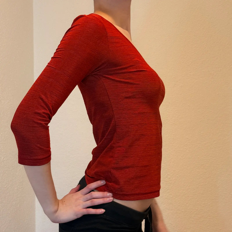 Y2K Red Crinkle Mesh Top – Long Sleeve Clubwear (S) 1021