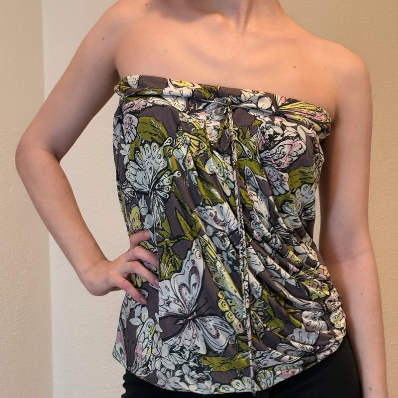 Miss Sixty Y2K Strapless Tube Top – Butterfly Floral Print, Ruched Bust (S/M)