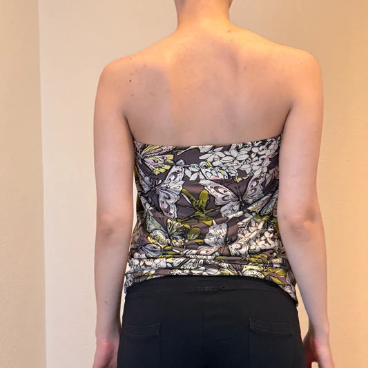 Miss Sixty Y2K Strapless Tube Top – Butterfly Floral Print, Ruched Bust (S/M)