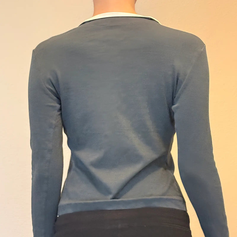 Y2K Preppy Layered Look Cardigan with Buckle Closure – Grey & White (S)