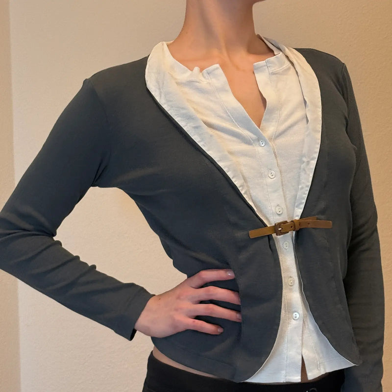 Y2K Preppy Layered Look Cardigan with Buckle Closure – Grey & White (S)