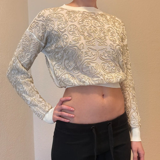 Vintage Etched Pattern Cropped Sweater – Cream & Gold (S)