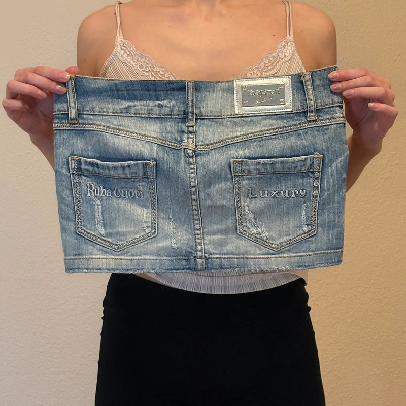 2000s style Rubacuori Luxury Distressed Rhinestone Denim Mini Skirt (S)
