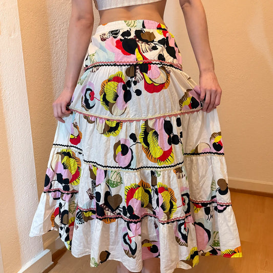 Vintage Boho Maxi Skirt – Colorful Floral Patchwork Print (S/M)