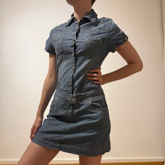 Denim Button-Up Mini Dress – Vintage Y2K Casual Chic (S)