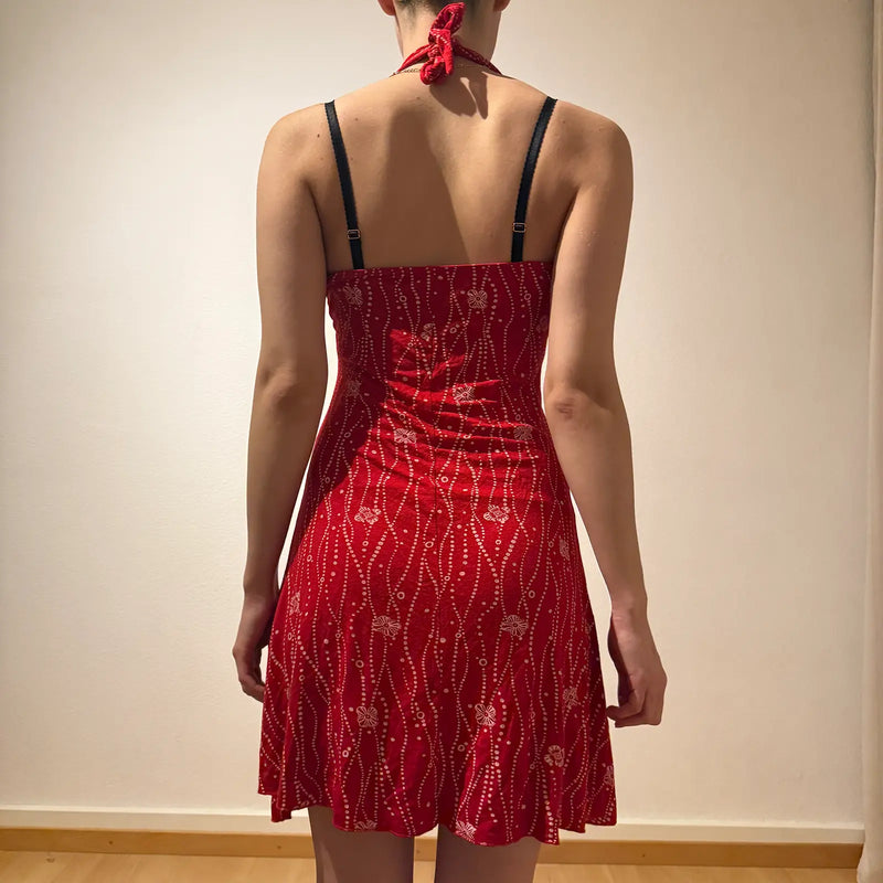 Red Halter Neck Mini Dress – Vintage Y2K Shimmer Party Look (S)