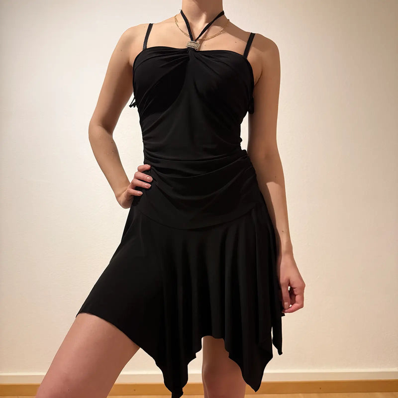 Asymmetrical Black Halter Dress – Vintage Y2K Night Out (S)