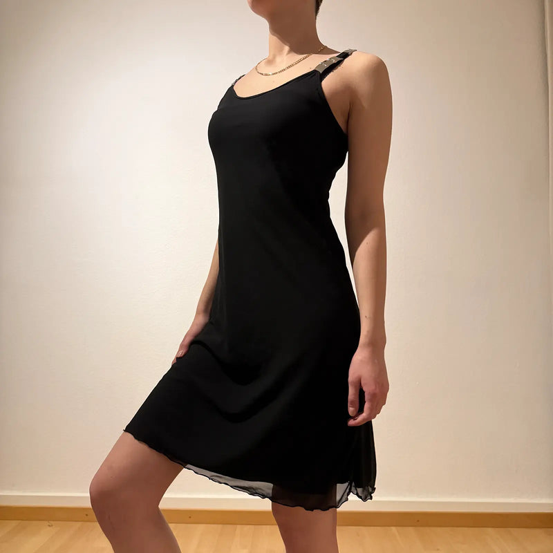 Asymmetrical Black Halter Dress – Vintage Y2K Night Out (S)