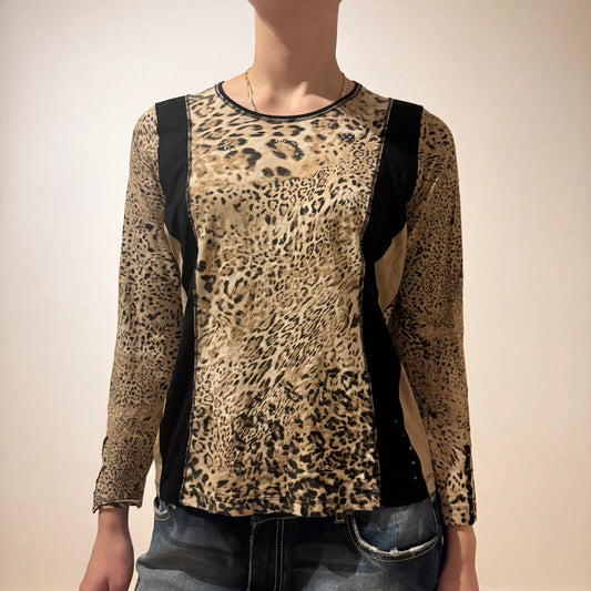 Leopard Print Long Sleeve Top – Vintage Y2K Style (S)