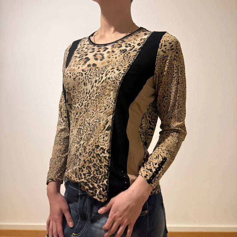 Leopard Print Long Sleeve Top – Vintage Y2K Style (S)