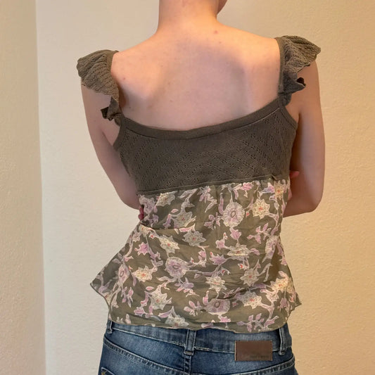 Y2K Cottagecore Floral Button-Up Camisole – Olive & Lilac Boho Top (S/M)