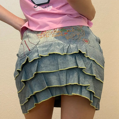 Early 2000s Denim Ruffle Skirt – Ruffle Back w/ Floral & Heart Embroidery (S)