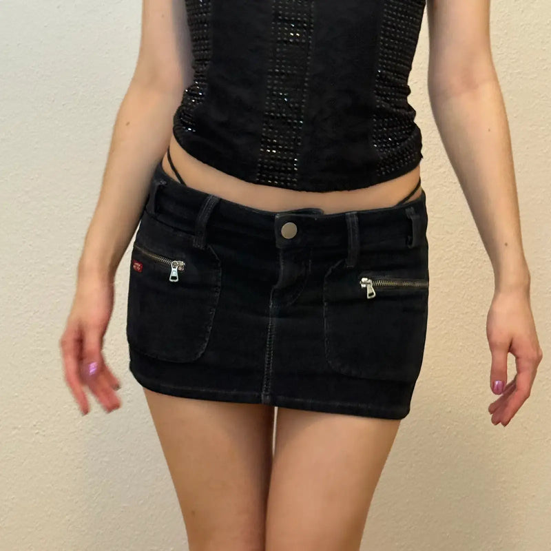 Miss Sixty Black Denim Micro Mini Skirt – Low Rise with Zipper Pocket (XS/S)