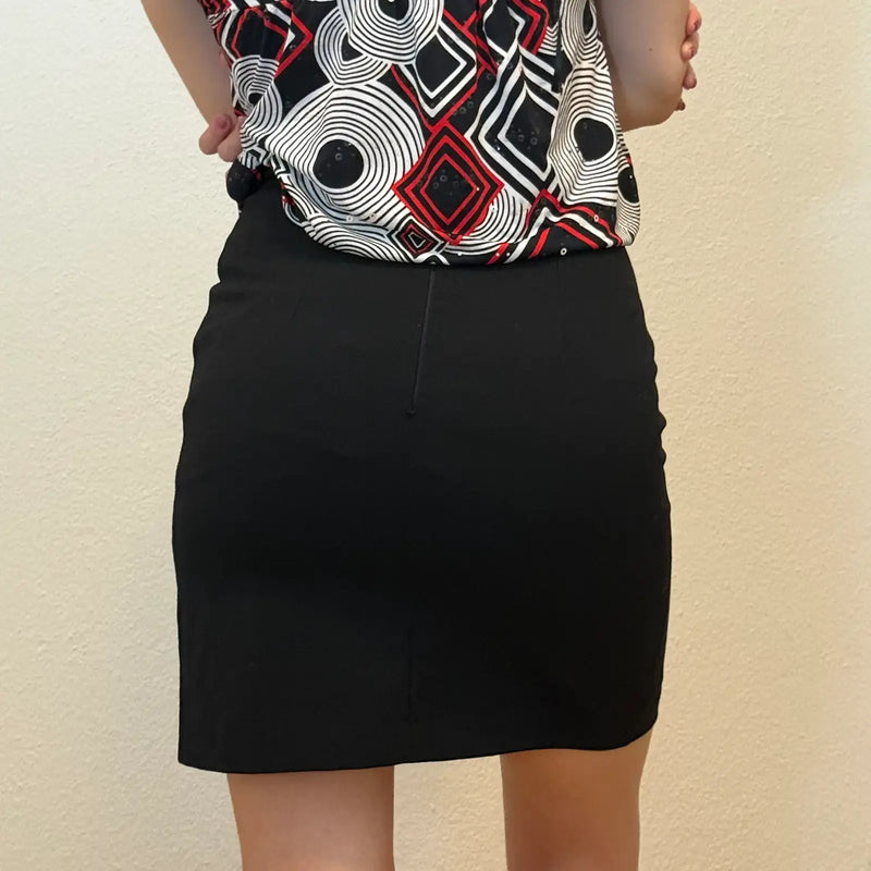 Office Black Mini Skirt – Vintage 2000s Slit Detail Skirt (S)