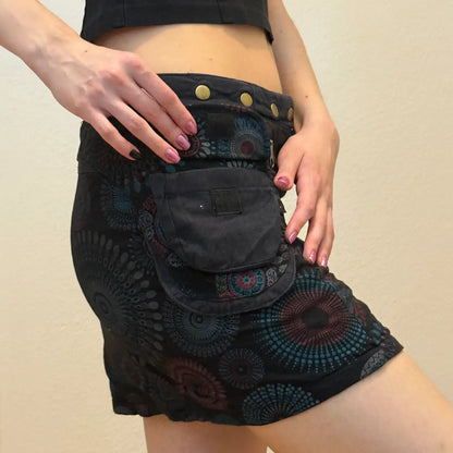 Boho Festival Skirt – Black Wrap Mini with Pockets & Stud Detail (S/M)