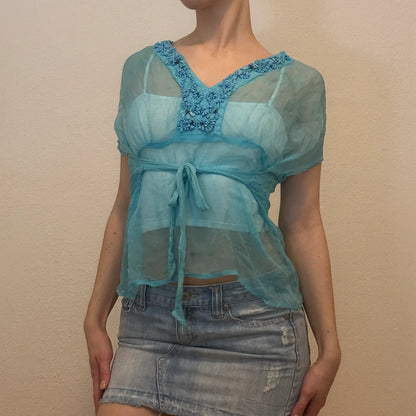 Y2K Sheer Blue Embroidered Top – Vintage 2000s Beaded Blouse (S/M)