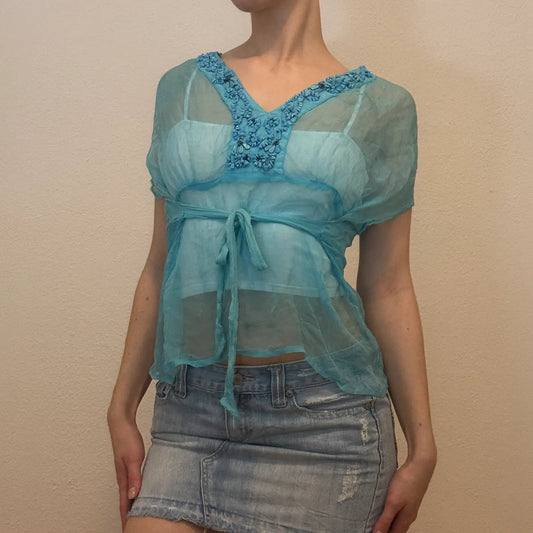Y2K Sheer Blue Embroidered Top – Vintage 2000s Beaded Blouse (S/M)