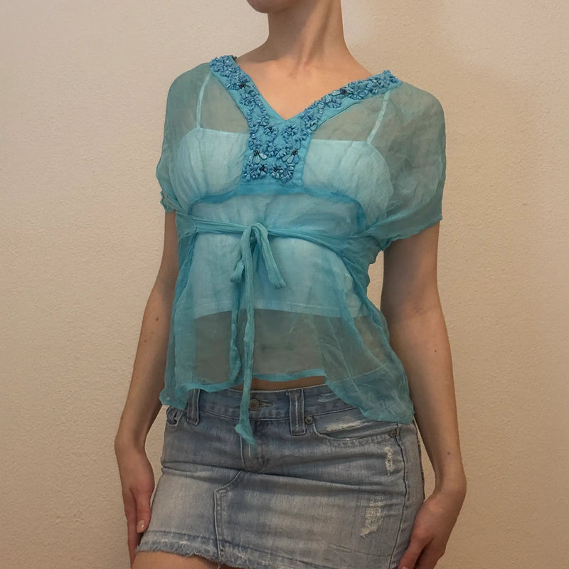 Y2K Sheer Blue Embroidered Top – Vintage 2000s Beaded Blouse (S/M)
