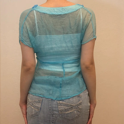 Y2K Sheer Blue Embroidered Top – Vintage 2000s Beaded Blouse (S/M)
