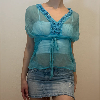 Y2K Sheer Blue Embroidered Top – Vintage 2000s Beaded Blouse (S/M)