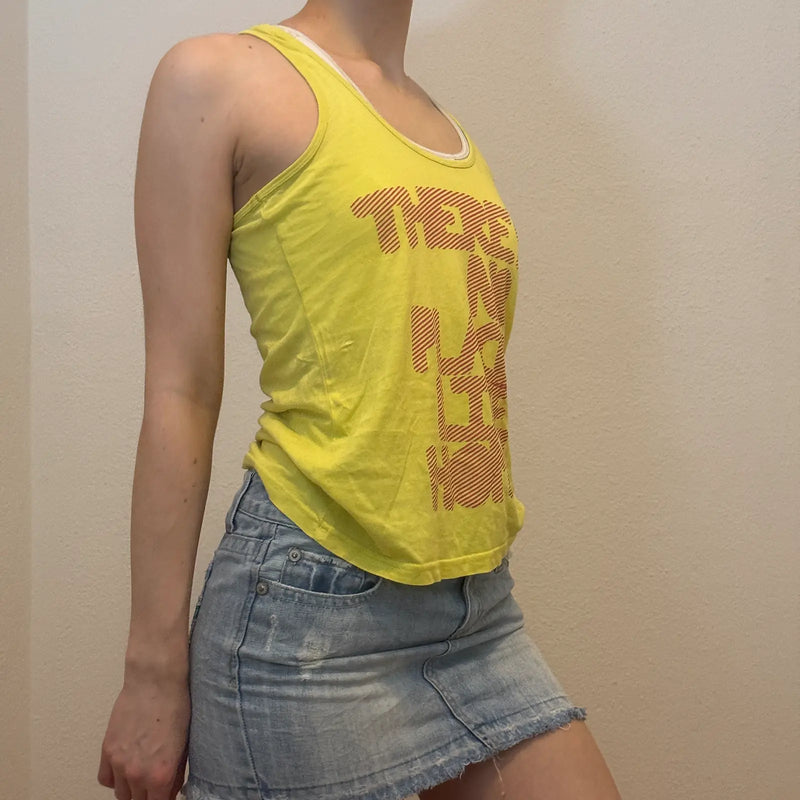 Yellow Graphic Tank Top – Vintage Y2K Sporty Slogan Tee (S)