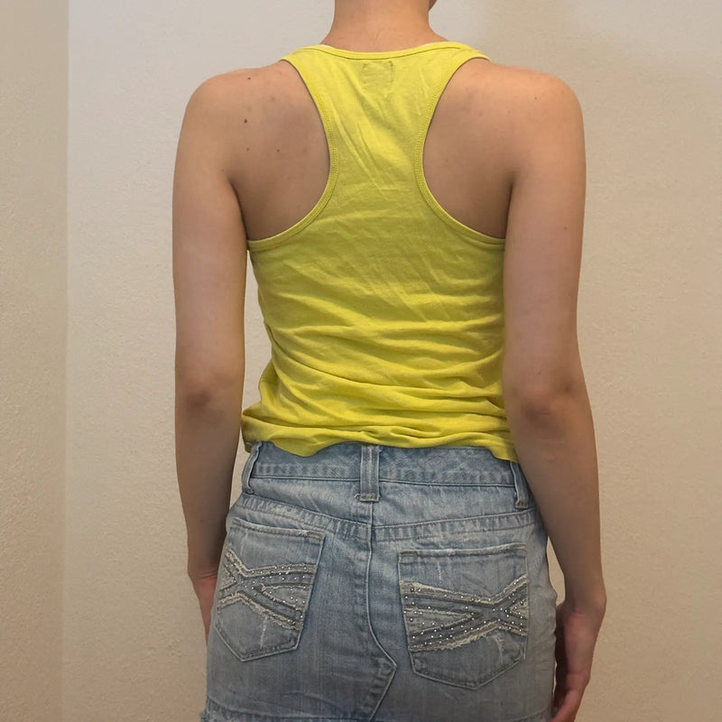 Yellow Graphic Tank Top – Vintage Y2K Sporty Slogan Tee (S)