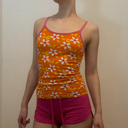 Y2K Orange Daisy Cami – Vintage Floral Spaghetti Strap Tank (S)