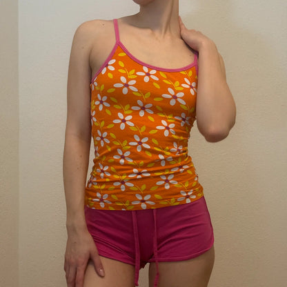 Y2K Orange Daisy Cami – Vintage Floral Spaghetti Strap Tank (S)