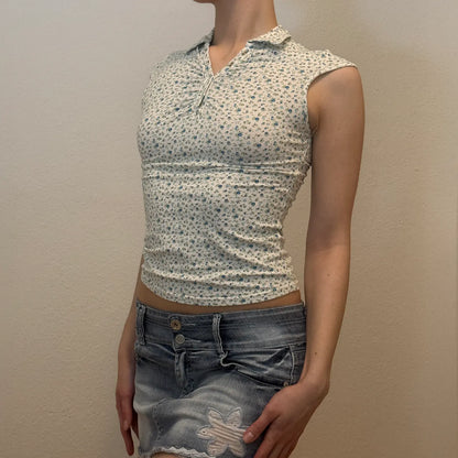 Retro Floral Print Collared Top – Fitted Vintage Polo Tee (XS)