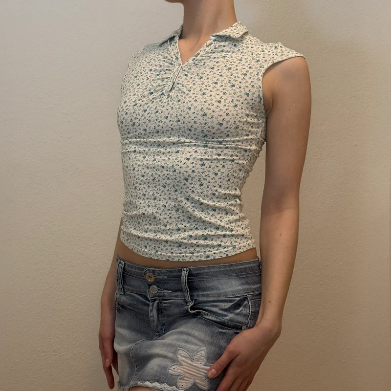 Retro Floral Print Collared Top – Fitted Vintage Polo Tee (XS)