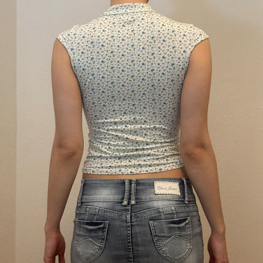 Retro Floral Print Collared Top – Fitted Vintage Polo Tee (XS)