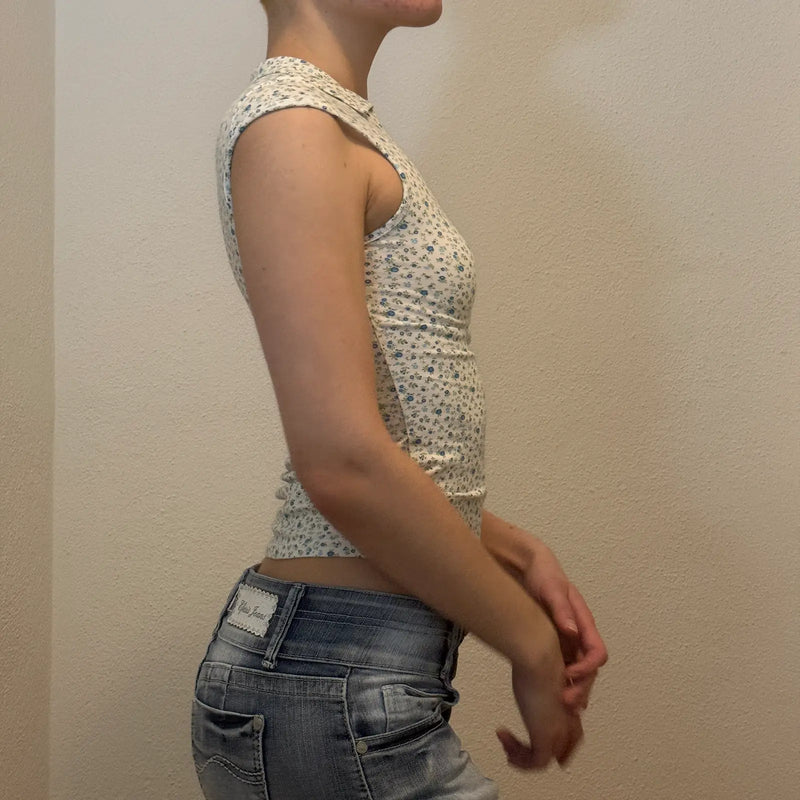 Retro Floral Print Collared Top – Fitted Vintage Polo Tee (XS)