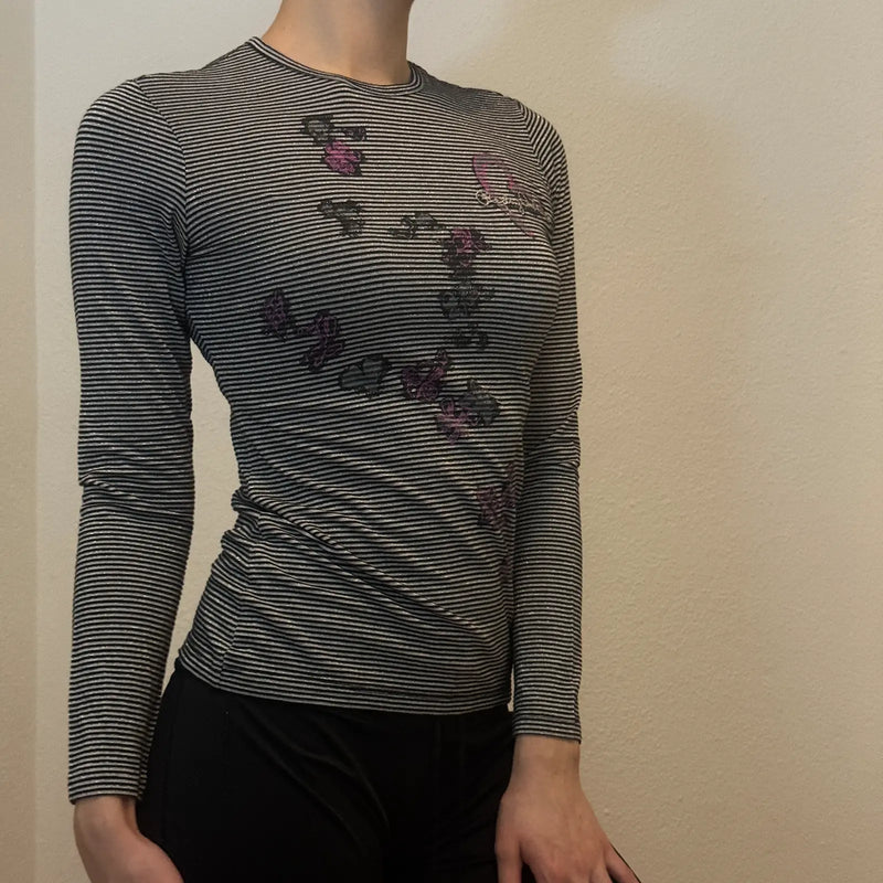 Striped Long Sleeve Top with Purple Butterfly Print – Y2K Vintage (S)