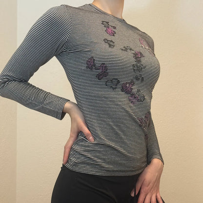 Striped Long Sleeve Top with Purple Butterfly Print – Y2K Vintage (S)
