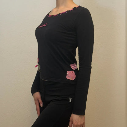 Y2K Fly Girl Long Sleeve Top – Black Graphic Vintage 2000s Tee (S)