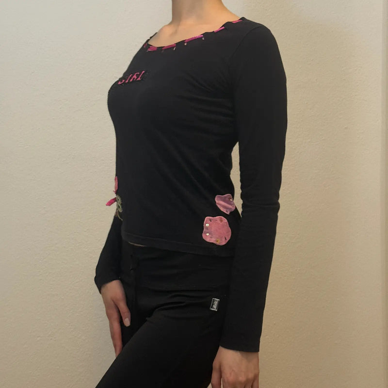 Y2K Fly Girl Long Sleeve Top – Black Graphic Vintage 2000s Tee (S)