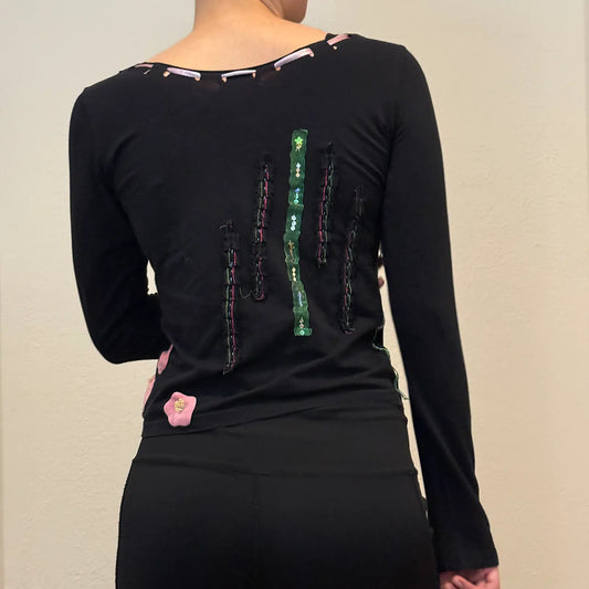 Y2K Fly Girl Long Sleeve Top – Black Graphic Vintage 2000s Tee (S)