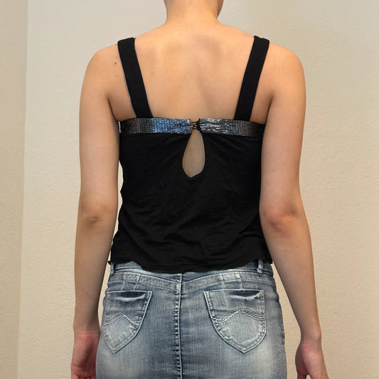 Emporio Armani Black Sequin Trim Top - Y2K Elegant Designer Tank (S)