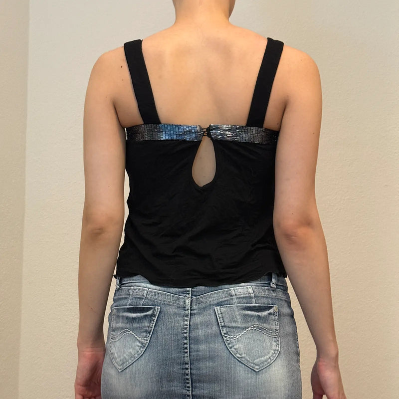 Emporio Armani Black Sequin Trim Top - Y2K Elegant Designer Tank (S)