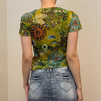 Y2K Green Floral Rhinestone Top – Vintage 2000s Beaded Festival Tee (S)