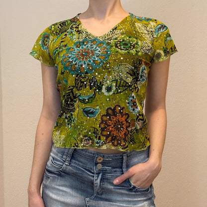 Y2K Green Floral Rhinestone Top – Vintage 2000s Beaded Festival Tee (S)