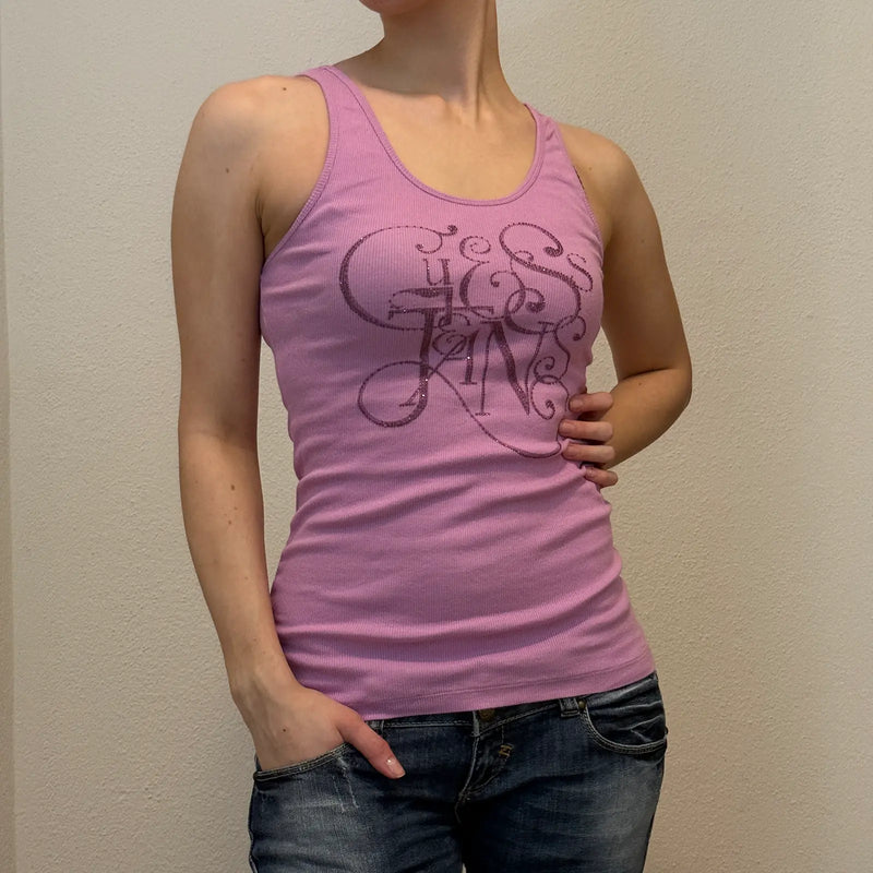 Guess Jeans Logo Tank – Vintage Y2K Lilac Ribbed Top (S)